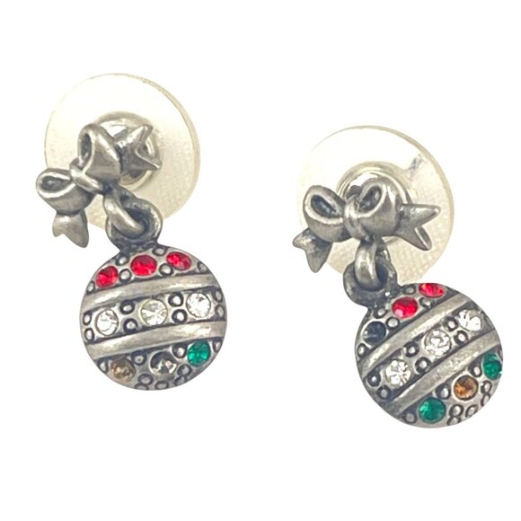 Sterling Silver Holiday Ornament Earrings Red Green & Clear Crystals Rhinestones - Picture 1 of 7